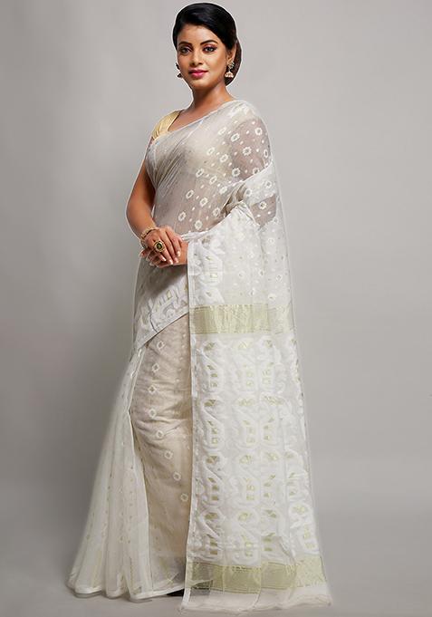 White Jamdani Art Silk Saree