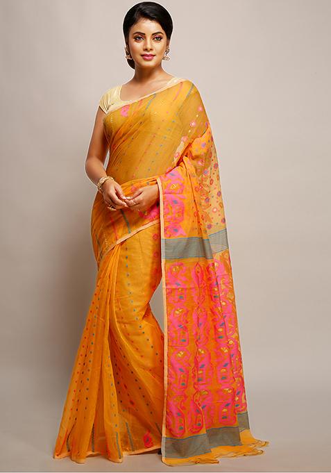 Orange Jamdani Art Silk Saree