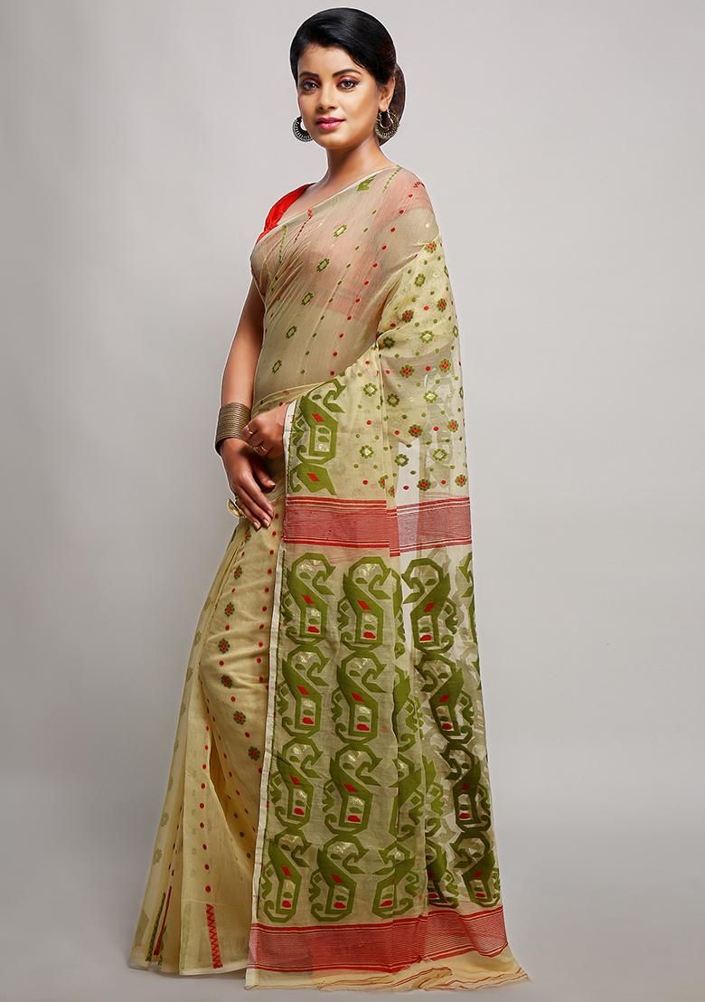 Beige Jamdani Art Silk Saree - Indya