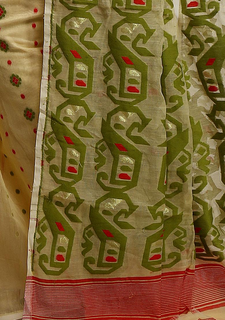 Beige Jamdani Art Silk Saree - Indya