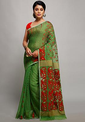 Green Jamdani Art Silk Saree