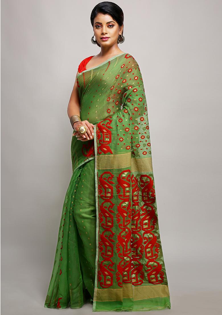 Green Jamdani Art Silk Saree