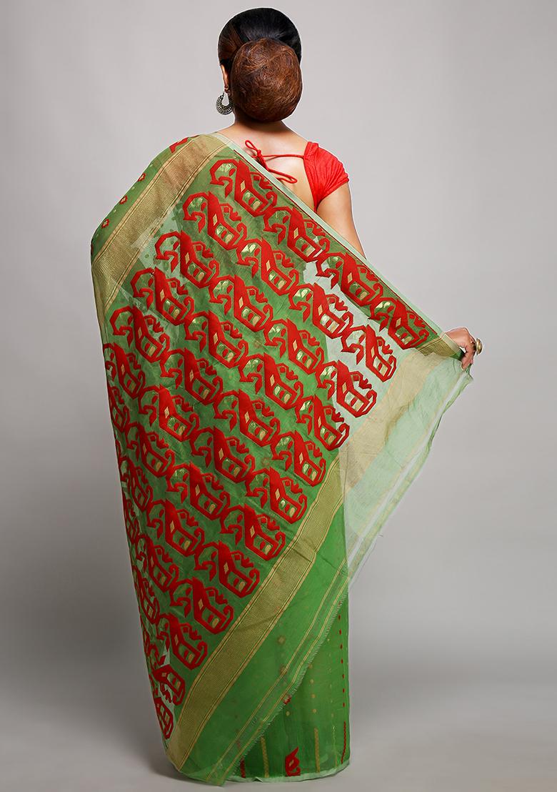 Green Jamdani Art Silk Saree