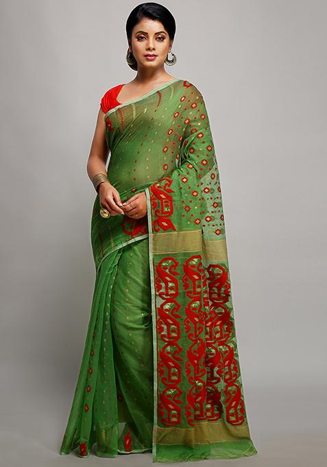 Green Jamdani Art Silk Saree