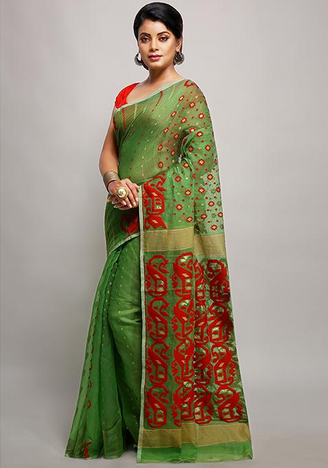 Green Jamdani Art Silk Saree
