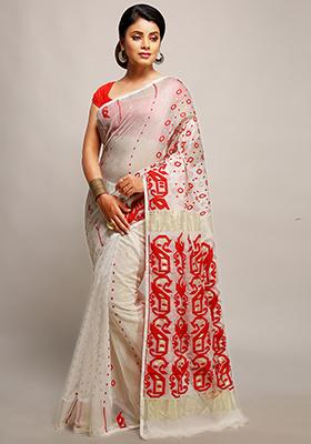 White Jamdani Art Silk Saree