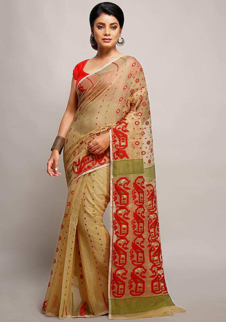 Beige Jamdani Art Silk Saree