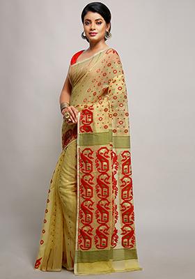 Beige Jamdani Art Silk Saree