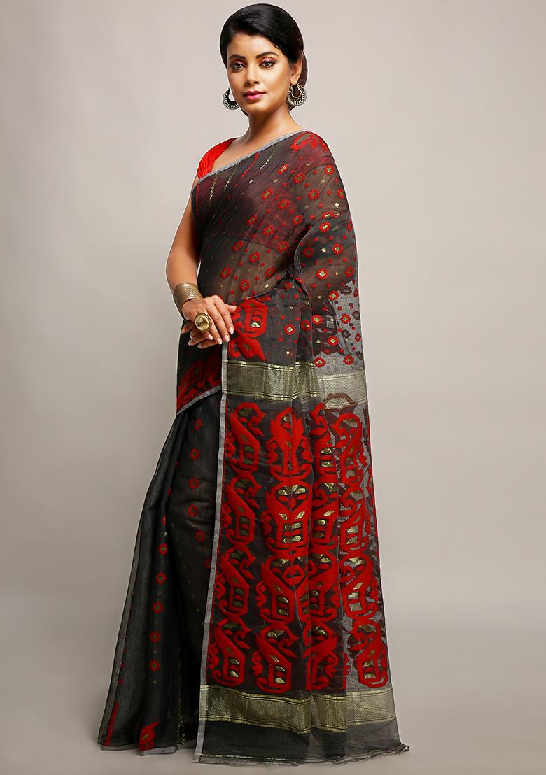Black Jamdani Art Silk Saree - Indya