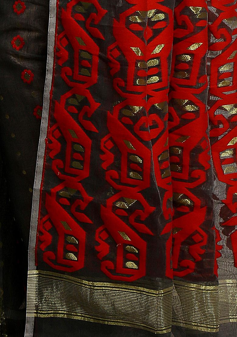 Black Jamdani Art Silk Saree - Indya