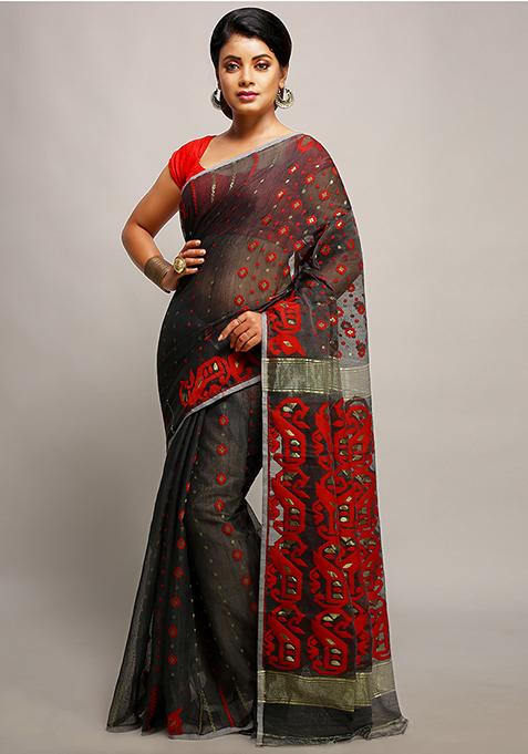 Black Jamdani Art Silk Saree