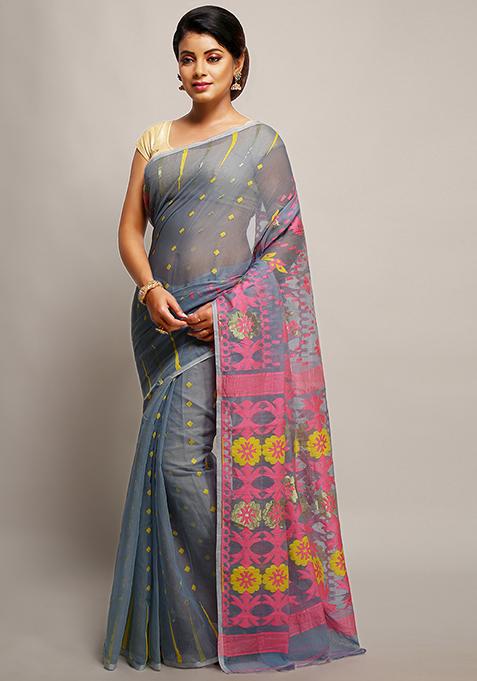 Grey Jamdani Art Silk Saree