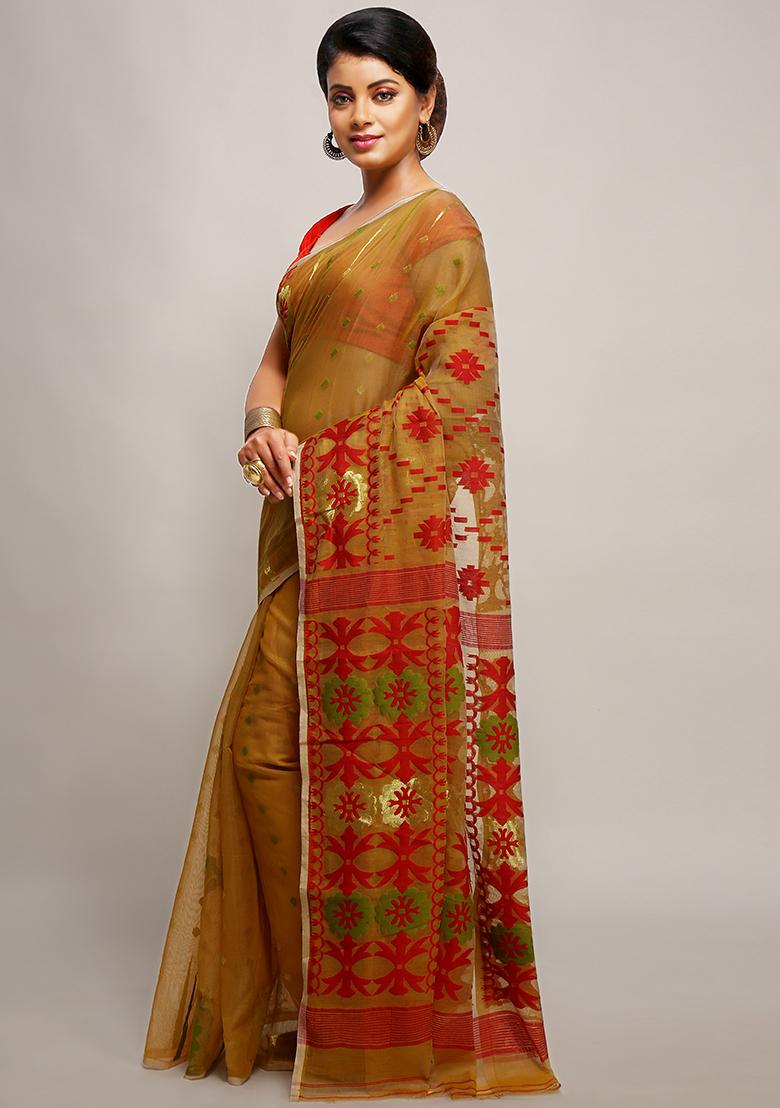 Beige Jamdani Art Silk Saree - Indya