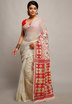 White Jamdani Art Silk Saree