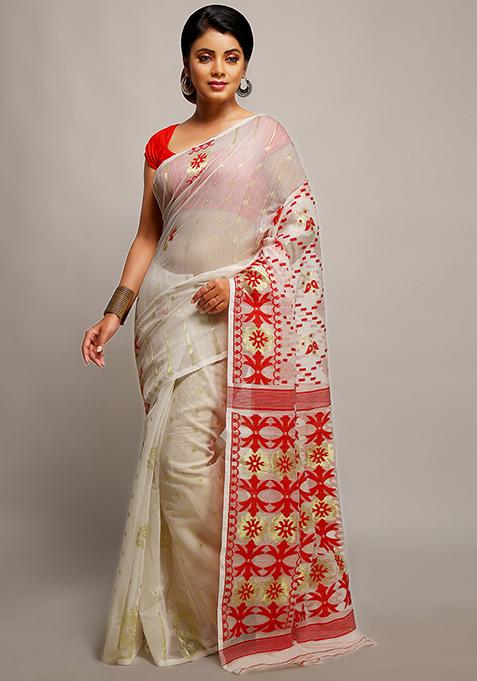 White Jamdani Art Silk Saree