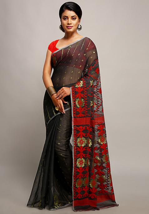 Black Jamdani Art Silk Saree