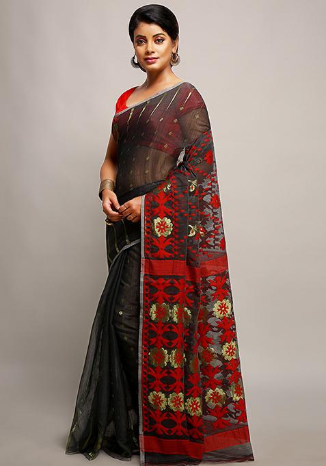 Black Jamdani Art Silk Saree