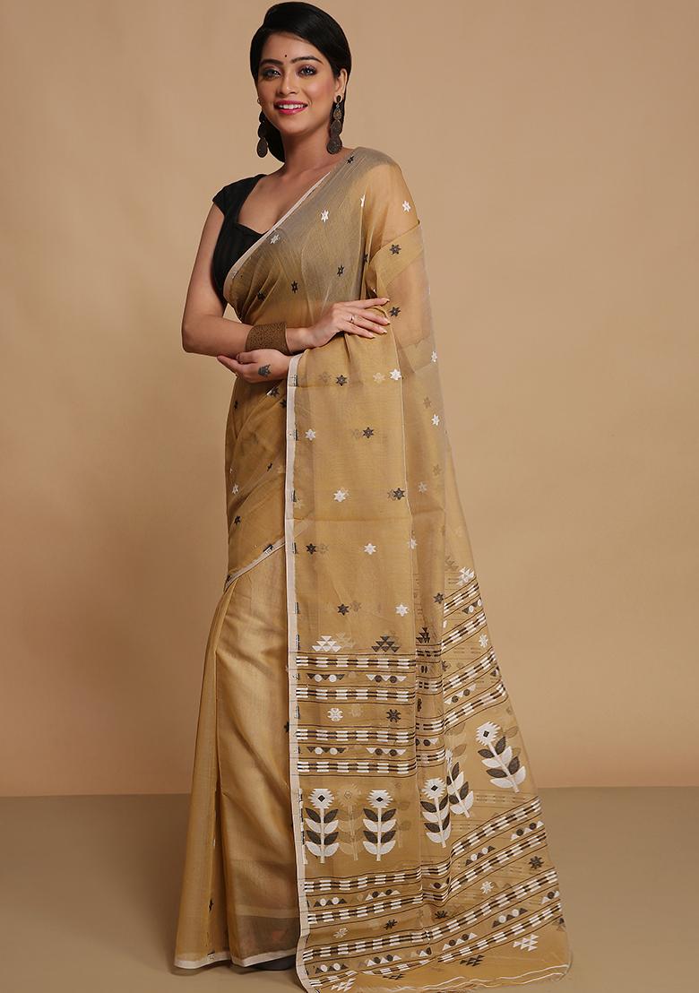 Beige Weaving Art Silk Saree - Indya