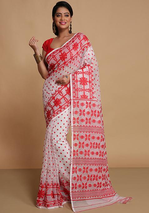 White Weaving Art Silk Saree
