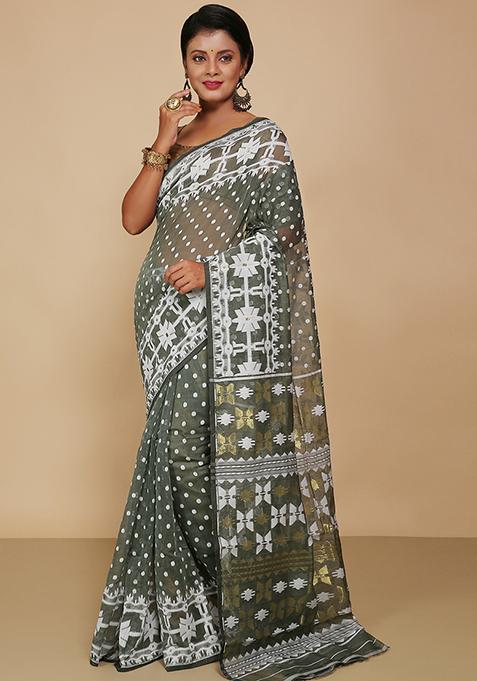 Pista Green Jamdani Art Silk Saree