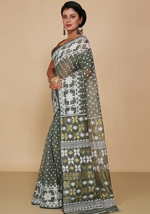 Pista Green Jamdani Art Silk Saree