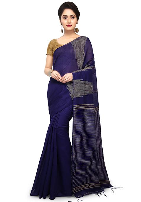 Blue Embroidered Art Silk Saree Set