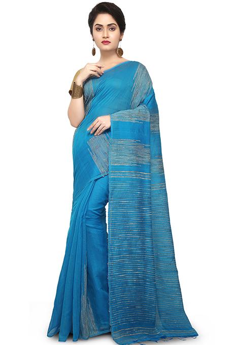 Turquoise Embroidered Art Silk Saree Set