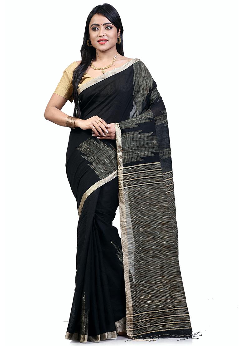 Black Embroidered Art Silk Saree Set - Indya