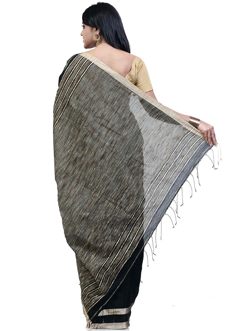 Black Embroidered Art Silk Saree Set - Indya