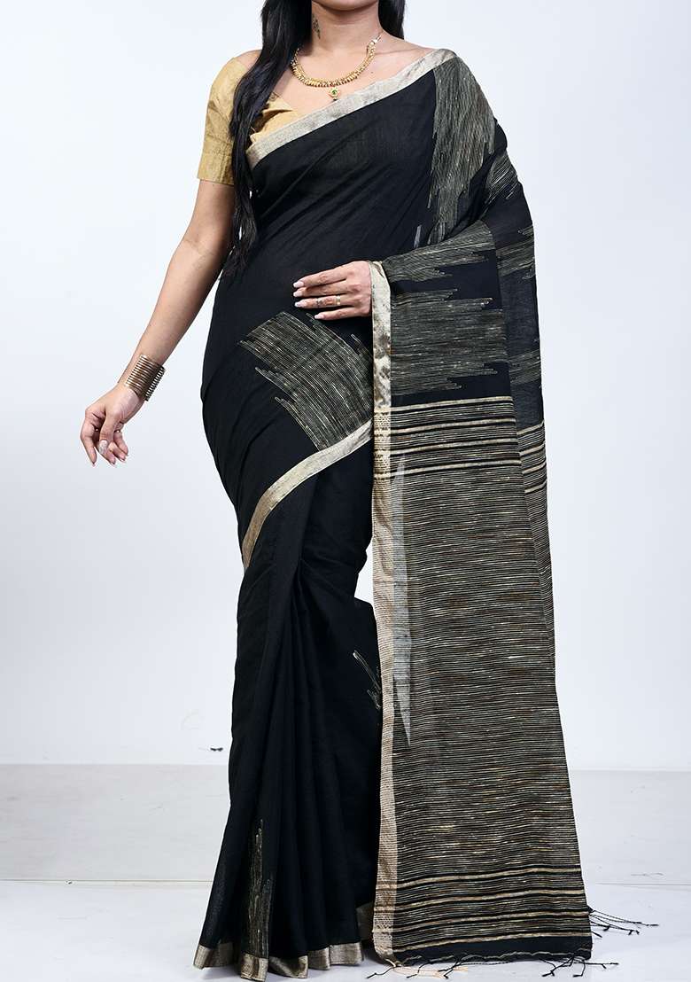 Black Blend Art Silk Saree Set with Embroidered for Diwali | Wedding & Festive Wear - Indya
