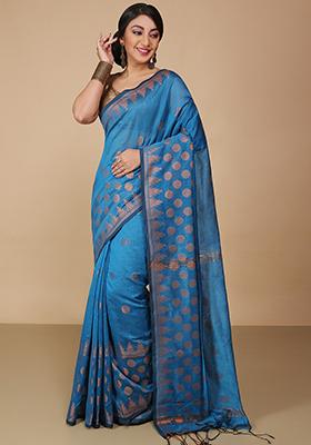 Turquoise Embroidered Art Silk Saree Set