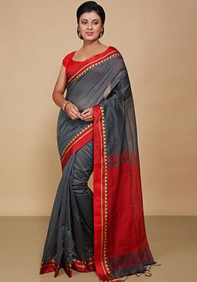 Grey Embroidered Art Silk Saree Set