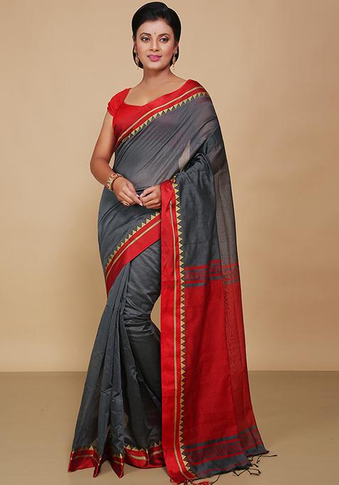Grey Embroidered Art Silk Saree Set