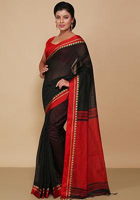 Black Embroidered Art Silk Saree Set