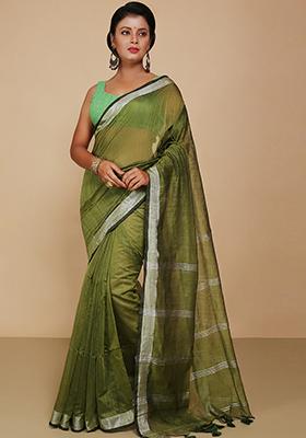 Pista Green Embroidered Cotton Saree Set