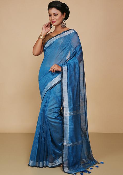 Turquoise Embroidered Cotton Saree Set
