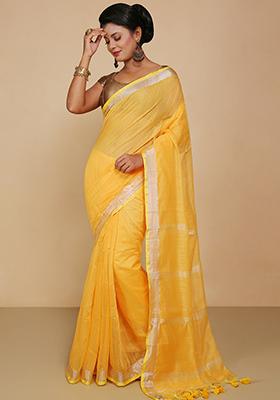 Yellow Embroidered Cotton Saree Set