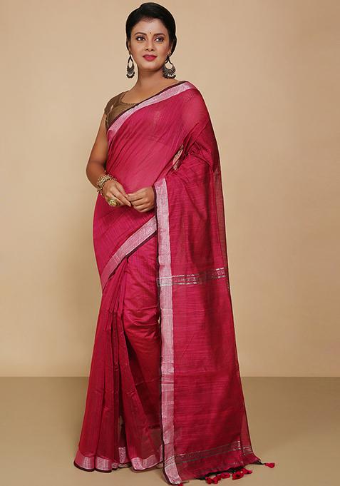 Pink Embroidered Cotton Saree Set
