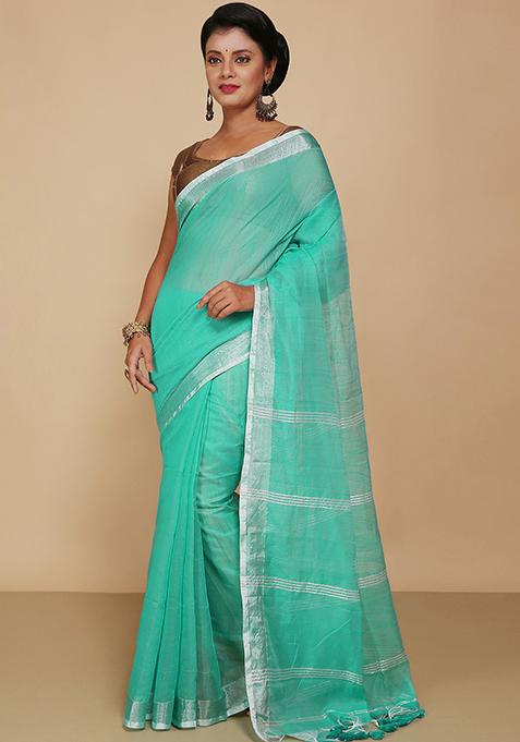 Sky Blue Embroidered Cotton Saree Set