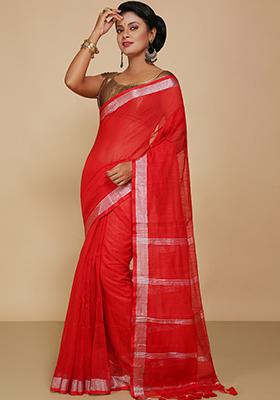 Red Embroidered Cotton Saree Set