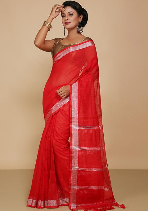 Red Embroidered Cotton Saree Set