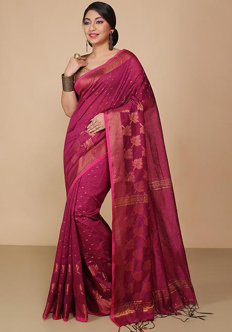 Magenta Embroidered Art Silk Saree Set