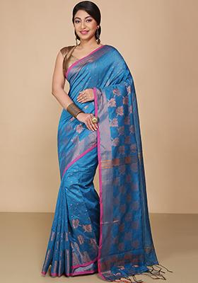 Turquoise Embroidered Art Silk Saree Set