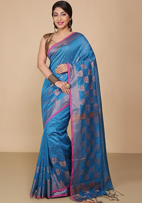 Turquoise Embroidered Art Silk Saree Set
