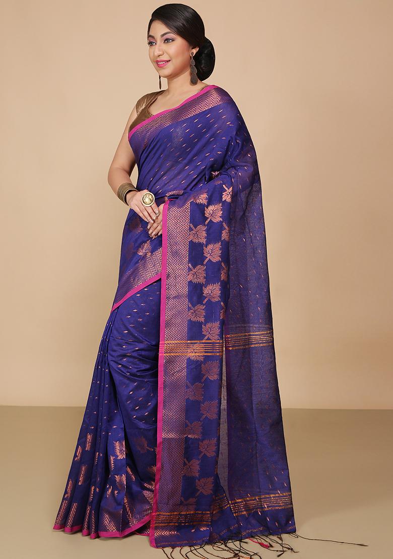 Blue Embroidered Art Silk Saree Set - Indya