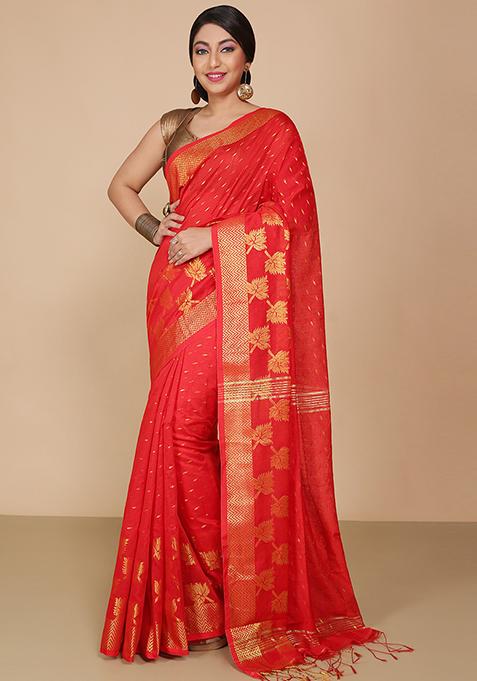 Red Embroidered Art Silk Saree Set