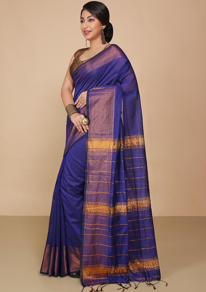Blue Embroidered Art Silk Saree Set - Indya