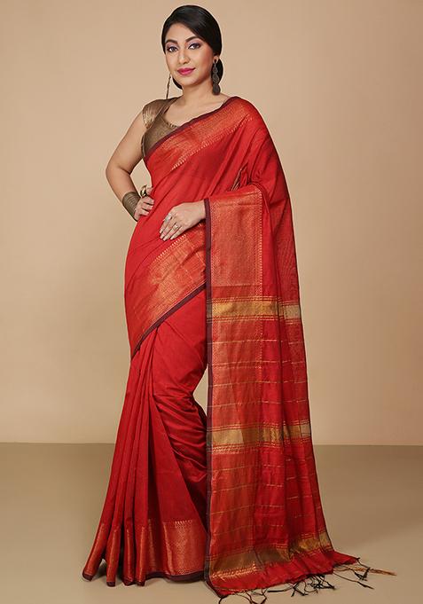 Red Embroidered Art Silk Saree Set