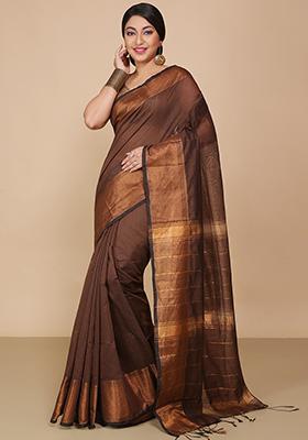 Brown Embroidered Art Silk Saree Set