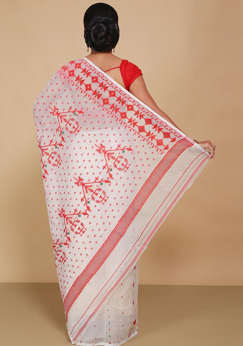 White Jamdani Art Silk Saree